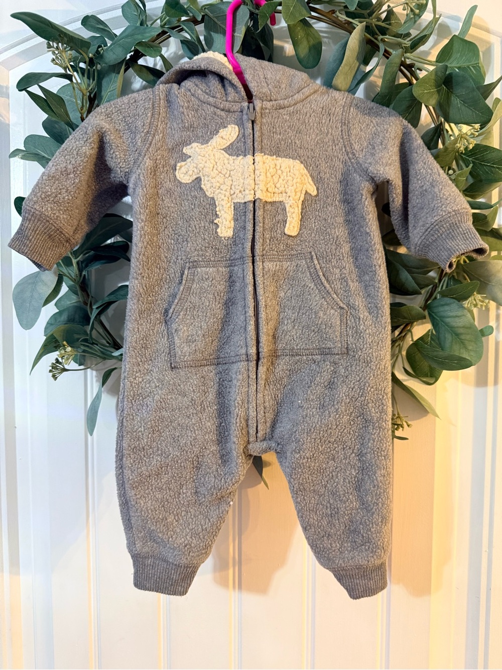 🌿10/$25 • Carters Plush Gray Sherpa Baby One-Piece with Cream Moose Applique